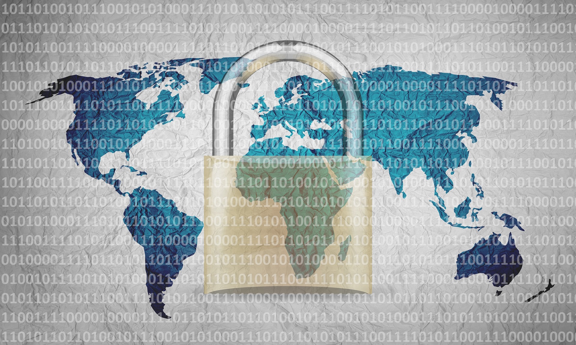 A global map with a padlock in front of it, representing data security